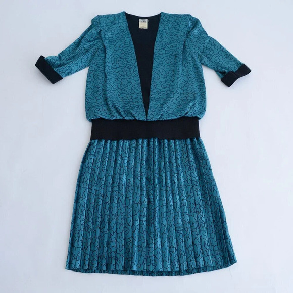 Vintage 90'S Nu-Mode Petites Teal Pleated Drop Waist Midi Dress Size 9/10 - Picture 1 of 12